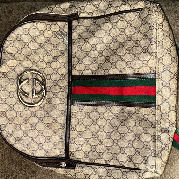 Gucci Beige Monogram Backpack with Green and Red Stripes - Picture 1 of 4